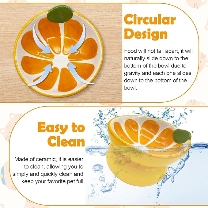 Hamiledyi Ceramic Raised Cat Bowls 15° Tilted Elevated Kitten Food Water Bowl Shallow Whisker Fatigue Kitty Dish Fruit Pet Feeding Bowls Feeder for Indoor Cats Small Dog (Yellow Orange)