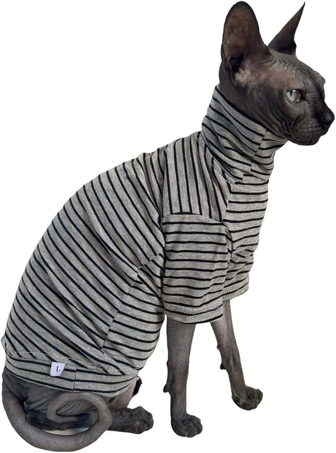 Vintage Stripes Sphynx Hairless Cats Shirt Cotton Cat Turtleneck Pet Clothes Kitten T-Shirts with Sleeves for Sphynx Cornish Rex, Devon Rex, Peterbald (Grey Stripe, X-Large (Pack of 1))