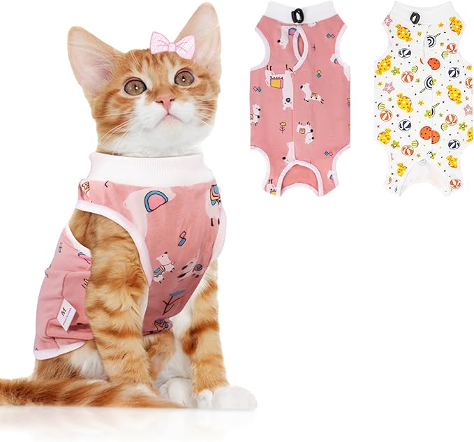 Coppthinktu 2 PCS Cat Recovery Suit Female Cat Onesie for Cats After Surgery Spay Abdominal Wounds, Kitten Recovery Suit Female Breathable E-Collar Alternative Kitten Onesie Anti Licking Large