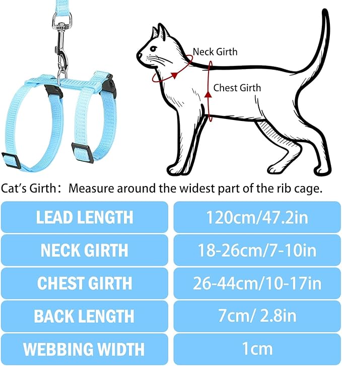 PUPTECK Adjustable Cat Harness and Leash Set Escape Proof Kitten Strap Collar for Walking Travel, SkyBlue
