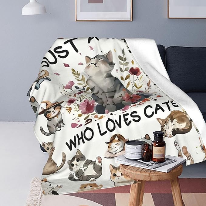 SweetFox Just A Girl Who Loves Cats Blanket, Cute Cat Decor Throw Blanket Gifts for Girls Boys Lovers Super Warm Soft Plush Fleece Flannel Winter Bedding Blankets for Kids Adults Men Women 60"X50"