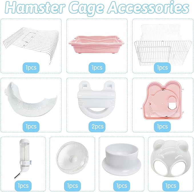 PINVNBY Dwarf Hamster Cage, Small Animal Cages, 2-Tier Travel Portable Mouse Cage Hamster Carrier with Castle House Running Exercise Wheels, Water Bottle and Food Dish（Pink）