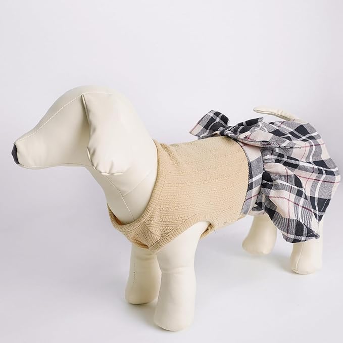 PUPTECK Classic Plaid Dog Dress Pet Apparel with Cute Bowtie Puppy Clothes Outfit,Cream,S