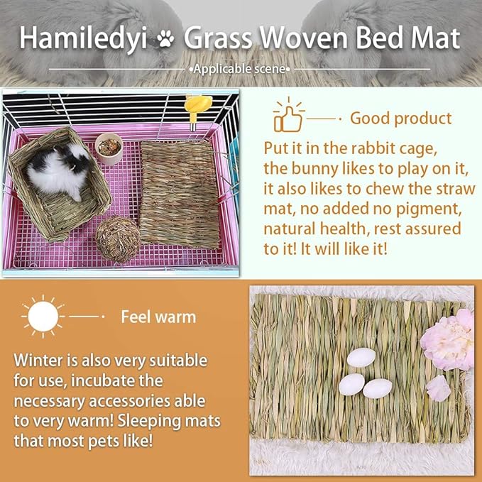Hamiledyi Grass Mat for Rabbit Bunny Chew Toys Woven Bed Mat for Guinea Pig Chinchilla Squirrel Hamster Cat Dog and Small Animal