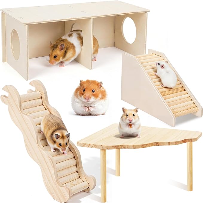 BreezeHug 4 Pcs Hamster Platform Hideout Wooden Tunnel Ladder Playhouse Hamster Game Climbing Toy with Platform Cage Accessories for Small Pets Dwarf Syrian Mice Degus Gerbils Squirrel(Peek)