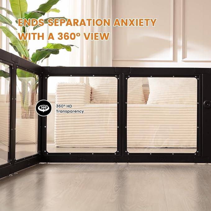Clear Acrylic Dog Playpen Indoor, Puppy Cat Small Pet 2 Room Play Pen, Pet Cat Playpen for Rabbits, Dog Fence Crate Kennel Whelping Cage (24", Black, 12 Panel)