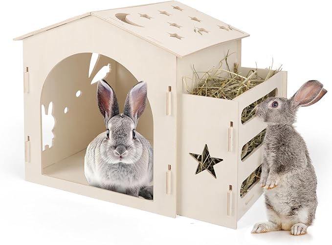 Medium Rabbit Castle, Wooden Bunny House & Hay Feeder, Detachable Rabbit Hideaway, Indoor Hamster Castle, Small Animal Houses & Habitats for Guinea Pig Chinchilla Ferret(1 House with Feeder)
