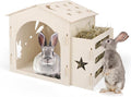 Medium Rabbit Castle, Wooden Bunny House & Hay Feeder, Detachable Rabbit Hideaway, Indoor Hamster Castle, Small Animal Houses & Habitats for Guinea Pig Chinchilla Ferret(1 House with Feeder)