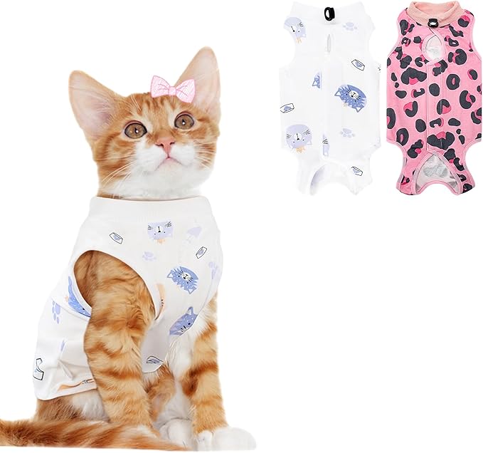 2 PCS Cat Recovery Suit for Spay Abdominal Wounds Cat Onesie for Cats After Surgery Recovery Suit Female Breathable E-Collar Alternative Kitten Onesie Anti Licking Small
