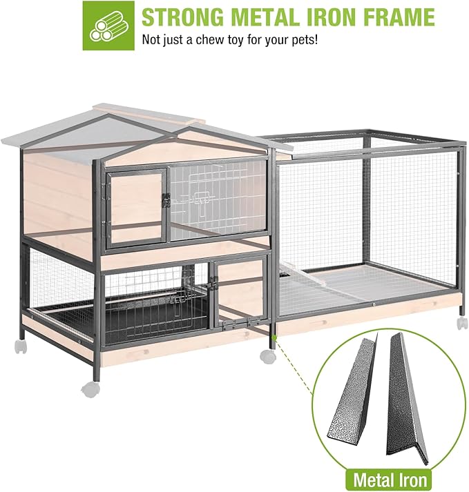 GUTINNEEN Rabbit Hutch with All Around Metal Frame, Ramp, Large Mobile Bunny Cage with 6 Wheels, 2 Story Wooden Cage for Rabbits, Guinea Pigs, and Chickens, Outdoor/Indoor Use, 62"L x 22.6"W x 33.5"H