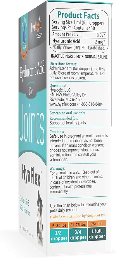 Hyalogic HyaFlex Hyaluronic Acid for Dogs - Premium Pet Supplies for Joint, Skin, Eye, and Coat Maintenance - Natural Joint Supplement for Dogs to Enhance Mobility (30ml)