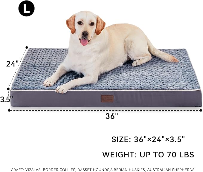 Figopage Dog Beds Large Sized Dog, Orthopedic Memory Foam Dogs Bed with Removable Cover, Washable Pet Mat Non-Slip Bottom, Waterproof Pet Crate Pad, 36×24, Grey