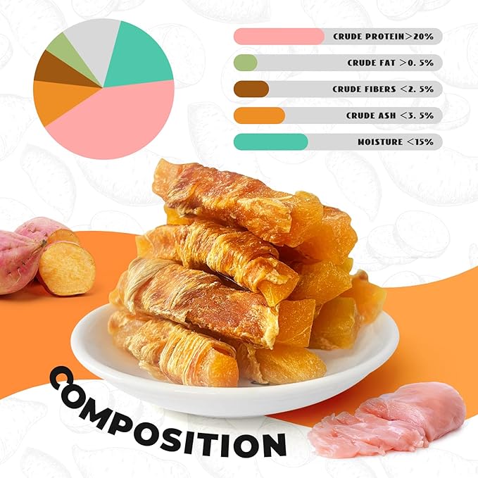 Dog Treats, Sweet Potato wrap Chicken Jerky Pack Healthy raw Skin no Doggie Snack Chicken Jerky Low-Fat, high-Protein Textured Snack for Medium-Sized and Small to Large Dogs (16 Ounces)
