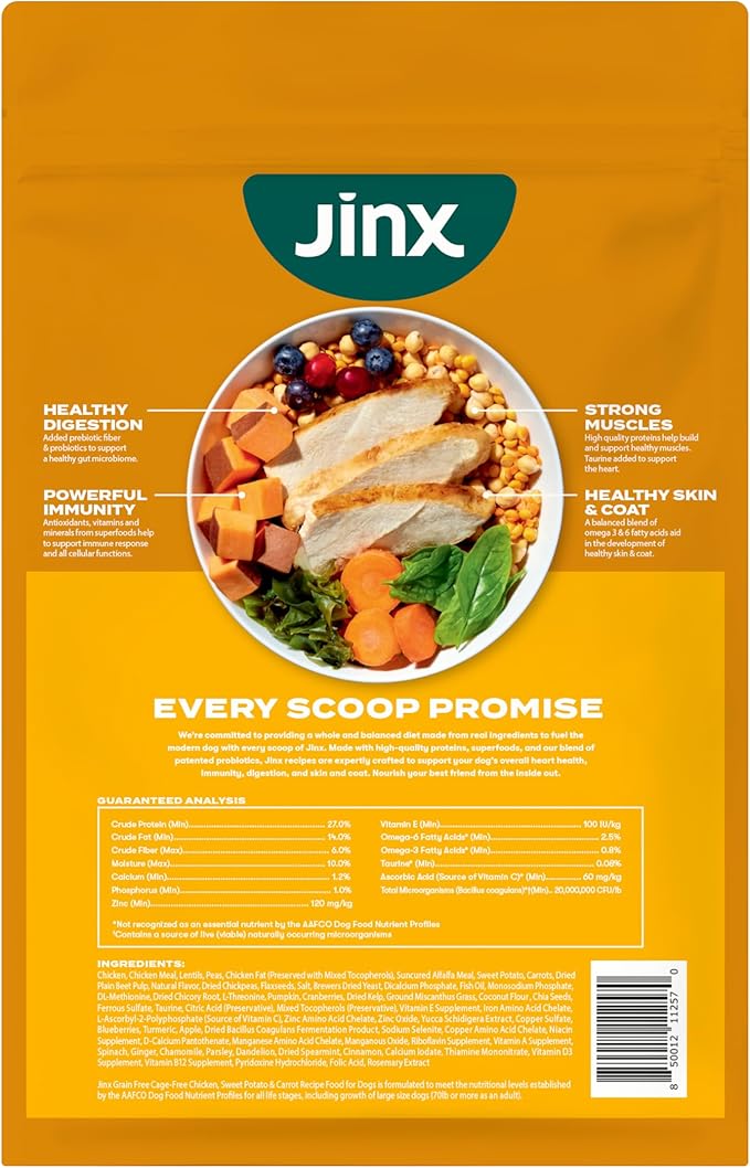 Jinx Premium Grain-Free Dry Dog Food, for All Lifestages - Real Chicken, Sweet Potato & Carrot Kibble with Superfoods for Immune Support & Probiotics for Digestive Support - No Fillers - 11.5lb