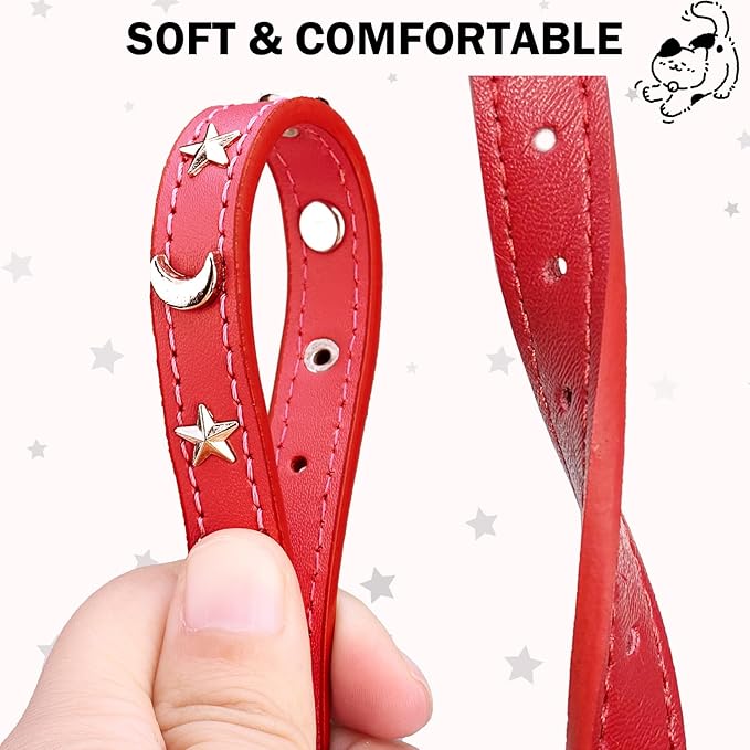 Leather Cat Collars for Boy Girl Cats with Bell and Safety Elastic Belt, Personalized Star and Moon Stud Adjustable Safe Buckle Collar for Kitty Small Big Cats Size 8-12 Inch, Red