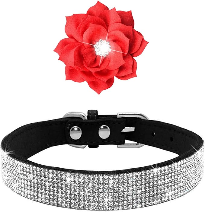 Cute Dazzling Sparkling Elegant Fancy Soft Suede Leather Bling Rhinestone Crystal Jeweled Pet Cat Dog Puppy Collar Dog Leash Combo Set (XS(Neck8-10), Black-6)
