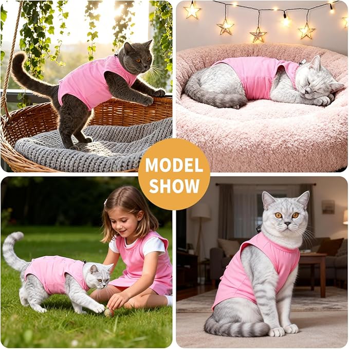 HEYWEAN Cat Recovery Suit Soft Onesie After Surgery for Female Male Cats Breathable Spay Abdominal Wound Protection Cone Alternative (Pink, Medium)