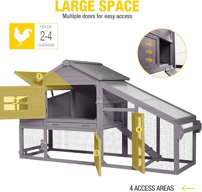 Wooden Chicken Coop, Large Chicken Tractor with Wheels, Weatherproof Hen House with Nest Box and Removable Tray, Mobile Poultry Hutch for 2-4 Chickens, Rabbits & Ducks (Grey)