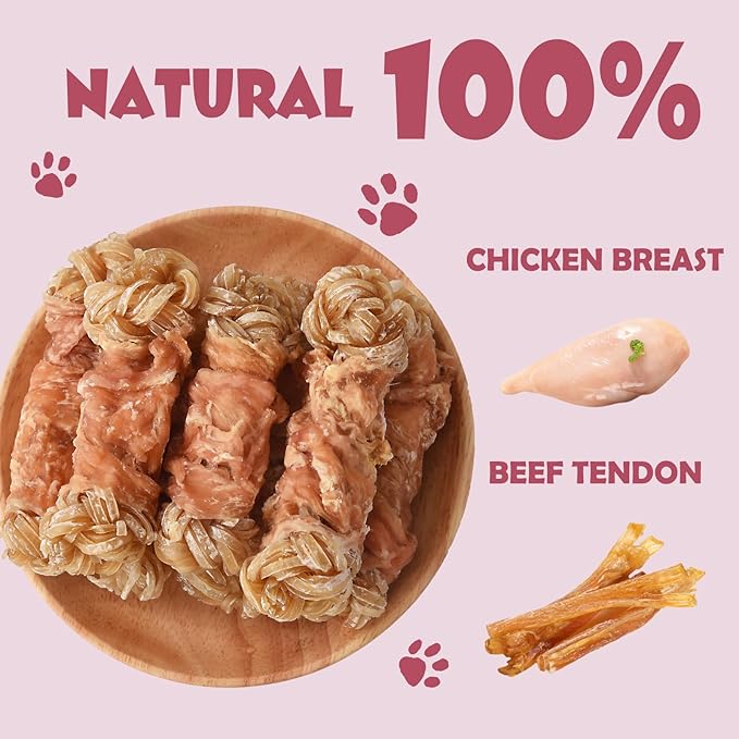 ASMPET Beef Tendon Dog Treats, Chicken Wrapped Beef Tendon Knotted Bones, Long Lasting Dog Chews Bones