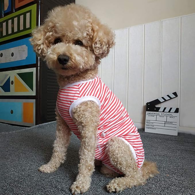 Dog’s Recovery Suit Post Surgery Shirt for Puppy, Wound Protective Clothes for Little Animals(red White Stripe-XXS)