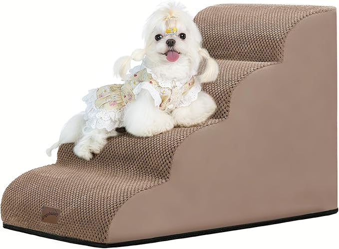GoGoBunny Waterproof High Density Foam Curved Dog Stairs for High Beds Couches 19.7" H, 4-Step Ramp Dog Steps Friendly to Small Medium Dogs or Pets Joints, Non-Slip Balanced Durable Pet Step, Camel