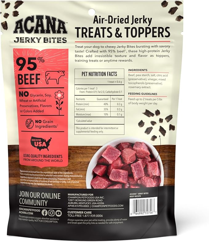 ACANA Jerky Bites Dog Treats Beef Recipe, 6oz Bag