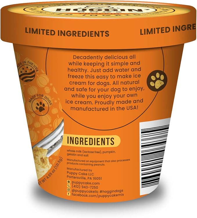Puppy Cake Hoggin' Dogs Ice Cream Mix - Just Add Water and Freeze, No Sugar Added, Gifts for Dogs, All Natural, Pumpkin Flavor, 4.65 oz - Made in USA
