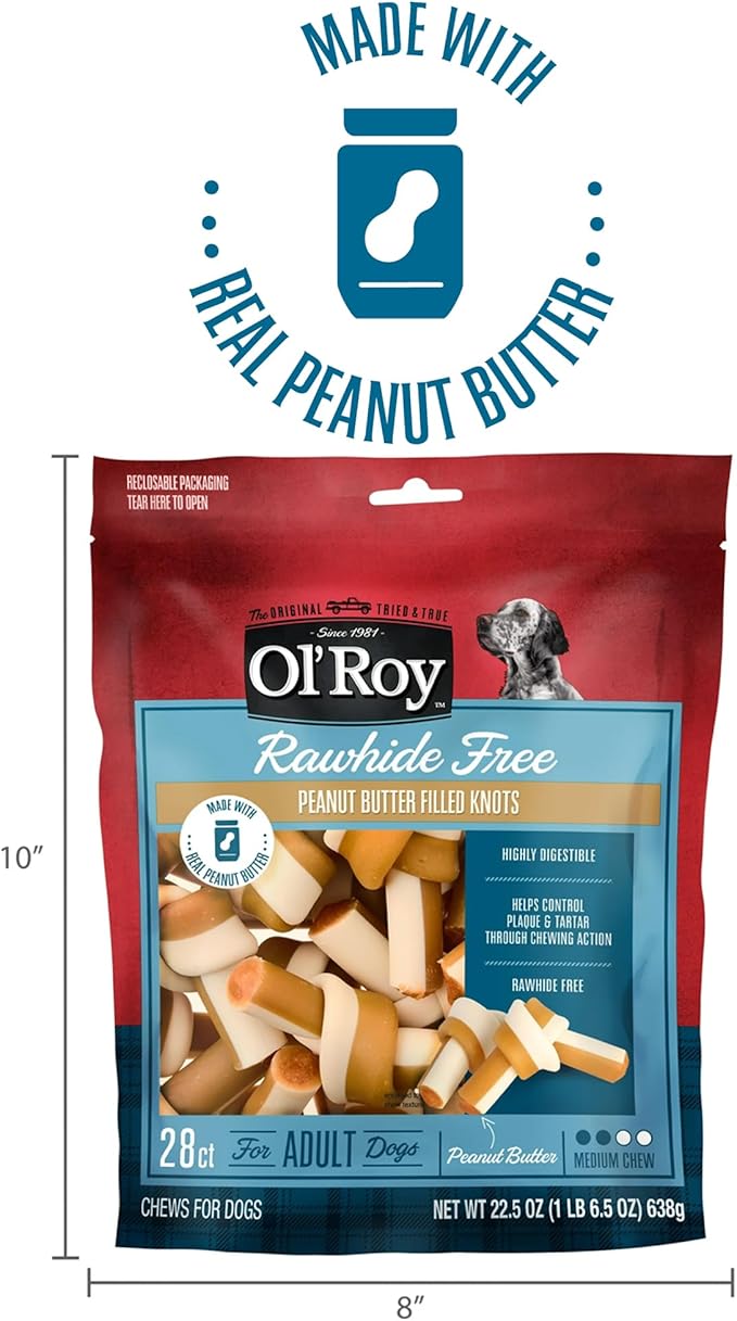 Dog Chew Treats for Dogs, Peanut Butter & Chicken Flavor, Rawhide-Free Knotted Bones, 28 Count 22.5 oz, Easy to Chew Long-Lasting Treats for All Breeds