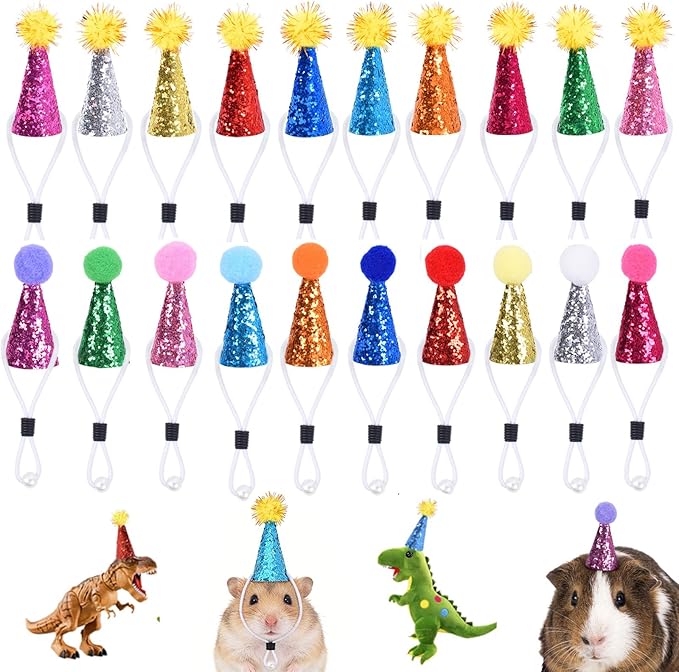 20 Pcs Mini Party Hats for Small Pets | Multi-Color Glitter Tiny Hats for Hamster Guinea Pig Lizard Stuffed Animals - Perfect for Small Pet Birthday Party Accessories, Cake Toppers & DIY Crafts