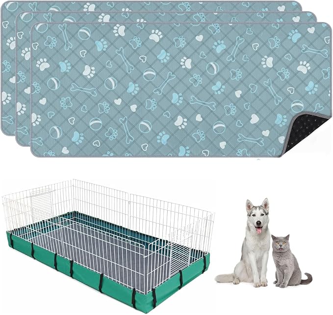 3 Packs Washable Guinea Pig Cage Liners with with Paw Print, Waterproof Guinea Pig Pee Pads Reusable Absorbent Bedding Anti Slip Mats for Small Animals Bunny Rabbit Hamster (Blue, 47 x 24in)
