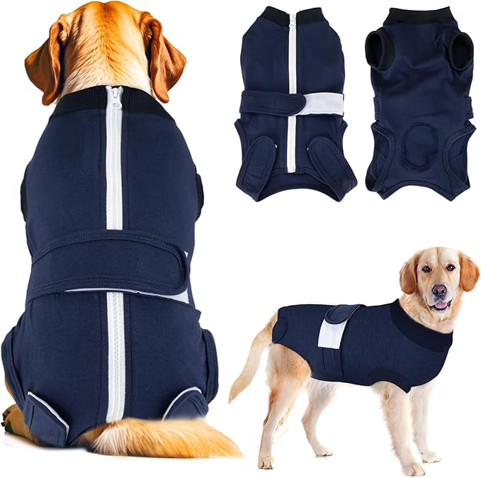 SlowTon Dog Surgery Recovery Suit - Zipper On Dog Onesies After Surgery for Female Male Dogs, Abdominal Wounds Bandages Cone/E-Collar Alternative Dogs Body Suit Anti-Licking(Dark Blue,L)
