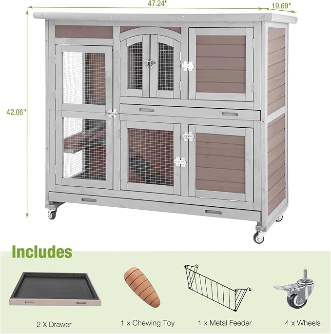 GUTINNEEN Guinea Pig Cage 2-Tier Indoor Outdoor Rabbit Hutch with Wheels, Leakproof Tray, Easy Clean Small Animal Habitat for Bunny, Hamster, Hedgehog, Ferret, Home & Garden Use(Brown)
