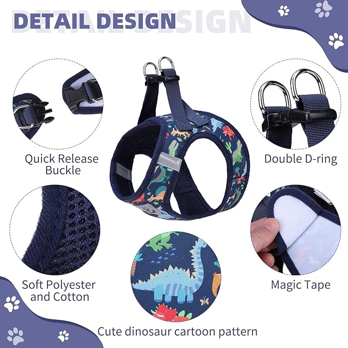 KOOLTAIL Dog Harness and Leash Set for Small Medium Dogs, Step in No Pull Soft Mesh Dog Harness Comfort Padded Pet Vest, Adjustable Reflective Easy Walking Puppy Cats Harnesses Training, Dinosaur M