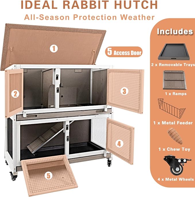 Gowoodhut 36" L Rabbit Hutch Indoor Wooden 2 Story Bunny Hutch Rabbit Cage Outdoor Bunny Cage on 4 Metal Wheels and 2 Deeper Pull Out Trays, Ramp, Guinea Pig Pet House for Small Animals, Grey
