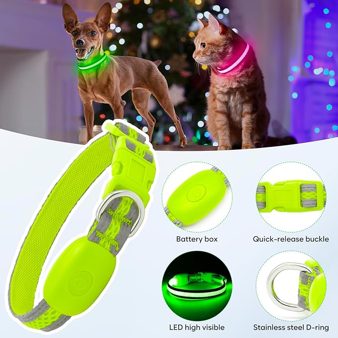 Flashseen LED Dog Collar, Light Up Dog Collar USB Rechargeable, Brightest Dog Lights for Night Walking, Adjustable Dog Collar Light for Dog Safety (Green, X-Small)