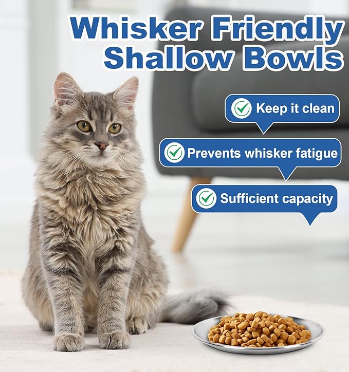 Supet Cat Plates for Wet Food, Non-Slip Whisker Friendly Bowls, Stainless Steel Shallow Wide Dishes for Indoor Cats (13Oz, 2Pcs)