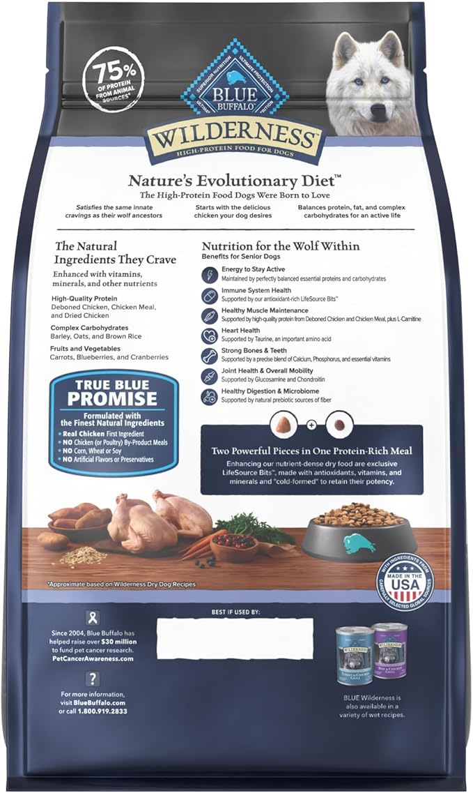 Blue Buffalo Wilderness High-Protein Senior Dry Dog Food, Made in The USA with Natural Ingredients Plus Wholesome Grains, Chicken, 4.5-lb. Bag