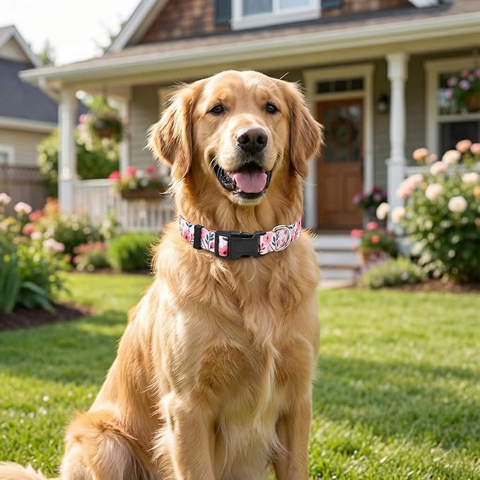 Floral Dog Collar, Adjustable Soft Nylon Pet Collar for Small Medium Large Dogs, Cute Flower Pattern Dog Collar for Girl Boy Dogs(Blush Vine,L)