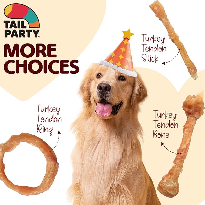 TailParty Turkey Tendons for Dogs with Fish Oil & Taurine: All Natural Dental Chews & Training Treats for Large Dogs, Long Lasting Snack for Health-Conscious Pet Owners(Bone, 1 lb)