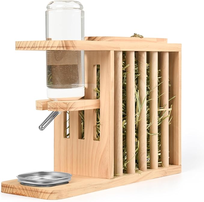 Small Animals Hay Rack with Height-Adjustable Water Bottle.Natural Wood. Wooden Bunny Hay Holder Feeder for Rabbit, Guinea Pig, Hamster, Hedgehog, Chinchillas