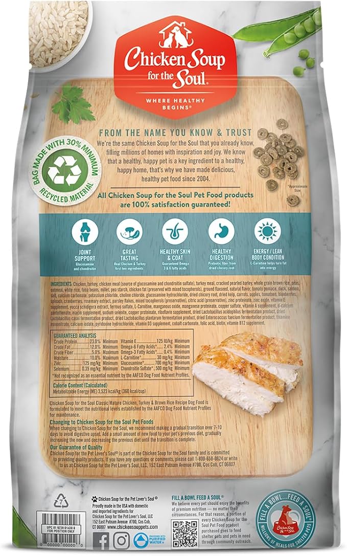 Chicken Soup for the Soul All Natural Premium Senior/Mature Dry Dog Food, Real Meat First Ingredient, No By-Products, Supports Joint Health and Mobility, Chicken, Turkey & Brown Rice, 4.5lb