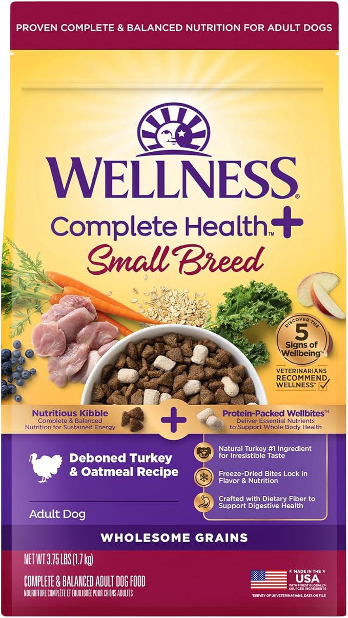 Wellness Complete Health+ Dry Dog Food, Adult Small Breed Turkey & Oatmeal Recipe with Freeze-Dried Wellbites (3.75 Pound Bag)
