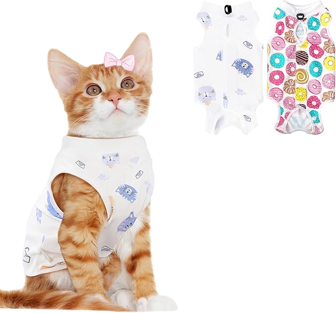 2 PCS Cat Recovery Suit Female Cat Onesie for Cats After Surgery Spay Abdominal Wounds, Kitten Surgery Recovery Suit Female Breathable E-Collar Alternative Kitten Onesie Anti Licking Medium