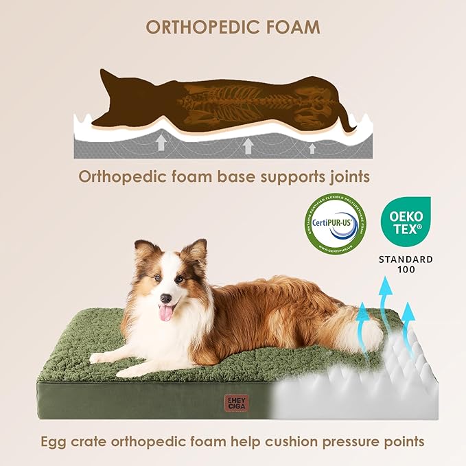 EHEYCIGA Orthopedic Foam Dog Bed, Medium, 30"L x 20"W x 3.5"Th, Dark Green