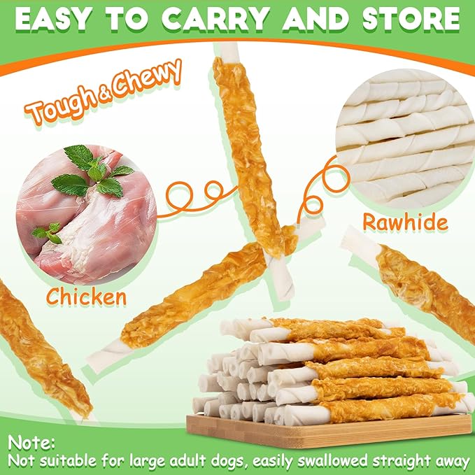 MAQIHAN Chicken Wrapped Rawhide Dog Treats - Hide Twists Chicken Wrapped Rawhide Sticks, Pet Chew Snacks Hide Sticks Training Reward Treats for Puppy, Small Dogs