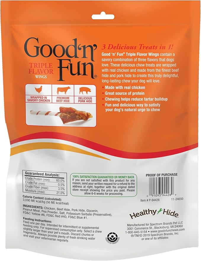 Good ‘n’ Fun Triple Flavor Wings Chews for All Dogs, 12 Ounces, Treat Your Dog to Long-Lasting Chews Made with Chicken, Beef Hide and Pork Hide
