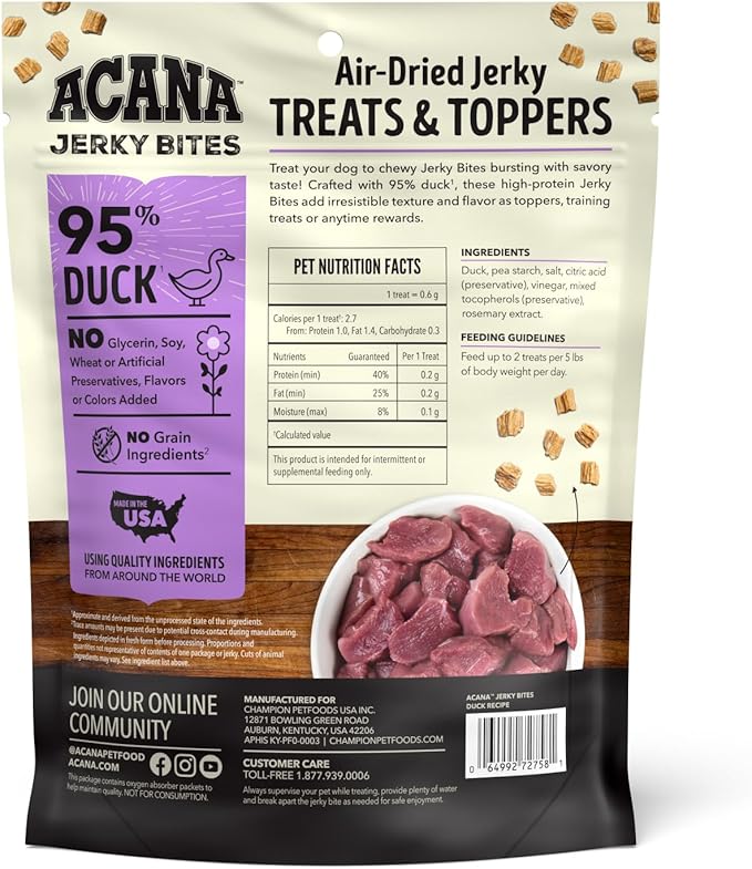 ACANA Jerky Bites Dog Treats Duck Recipe, 6oz Bag