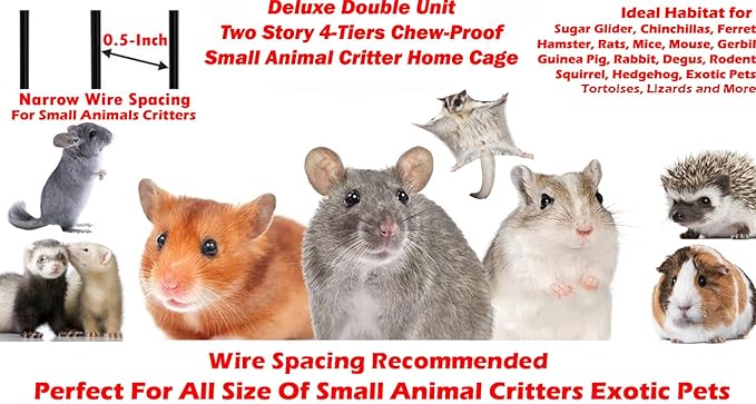 Deluxe Two Full Story Double Unit 4-Tiers Chew-Proof Tight 1/2-Inch Bar Spacing Double Durable Front Doors Feisty Ferret Hammock Squirrel Chinchilla Rat Gerbil Small Animal Critter Rolling Cage