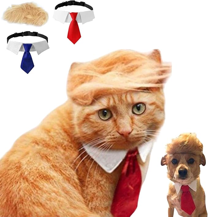 Pet Cat/Dog Blonde Wig with Tie - Iconic and Playful Toupee Hat, Cosplay Dress Up Clothing Costume Halloween Accessories (Red&Blue, S)