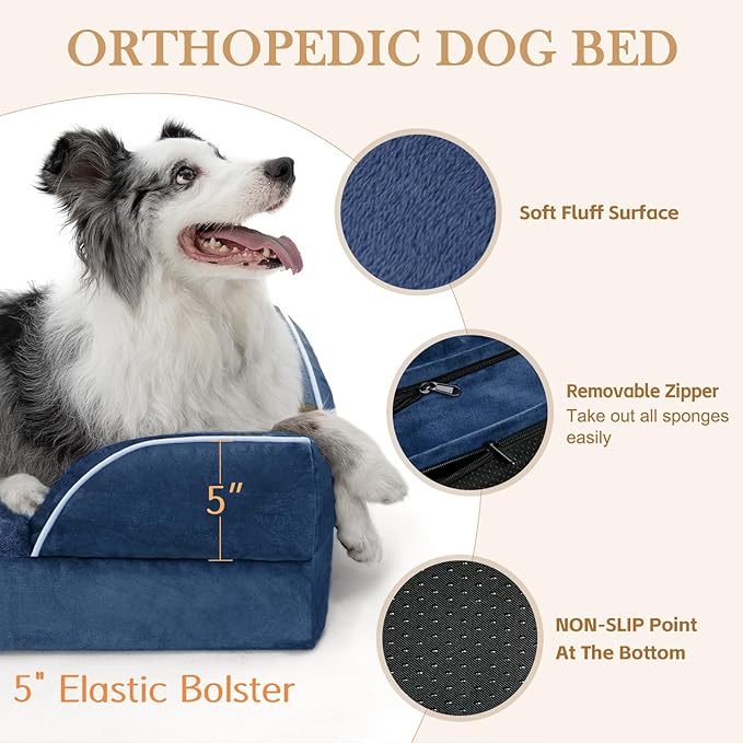 Comfort Expression Orthopedic Dog Bed for Extra Large Dogs 53x42 Inch, Waterproof Egg Crate Foam XXL Pet Bed with Removable Bolsters, Dog Couch with Washable Cover & Non-Slip Bottom, Navy Blue